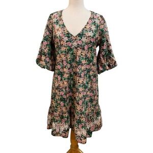 Johnny Was floral spring midi dress w/puffy sleeves size M